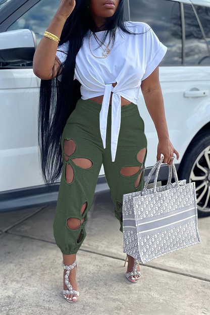 Casual Solid Hollowed Out O Neck Short Sleeve Two Pieces Front Tie Crop Tops And Pants Sets