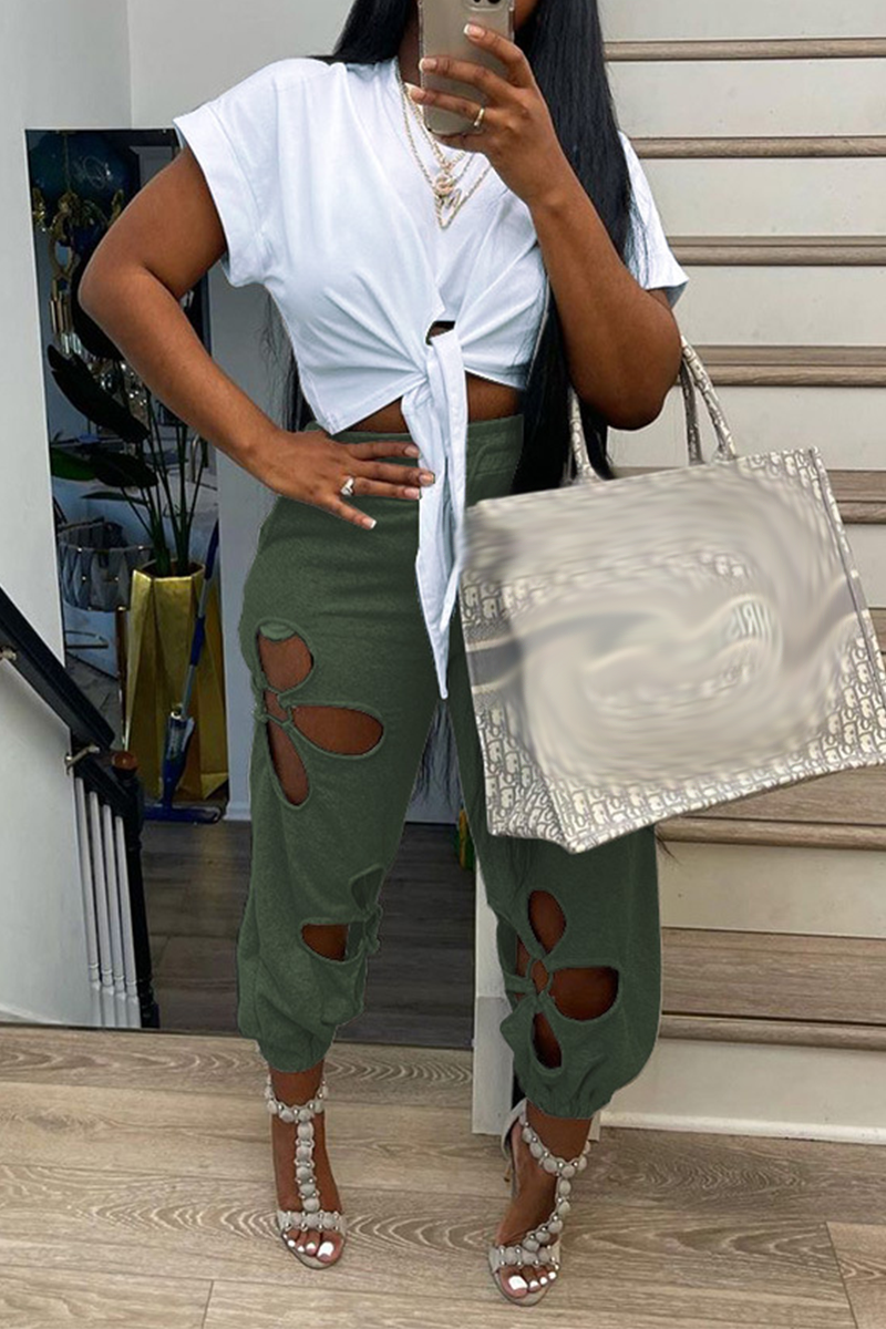 Casual Solid Hollowed Out O Neck Short Sleeve Two Pieces Front Tie Crop Tops And Pants Sets