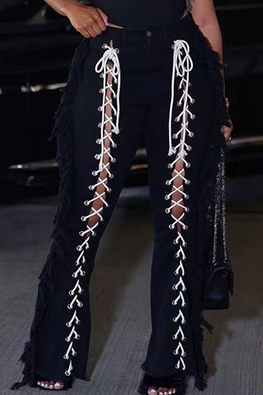 Black Fashion Casual Solid Bandage Regular High Waist Speaker Trousers
