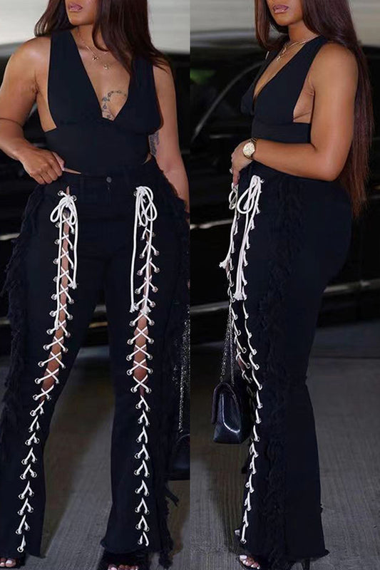 Black Fashion Casual Solid Bandage Regular High Waist Speaker Trousers
