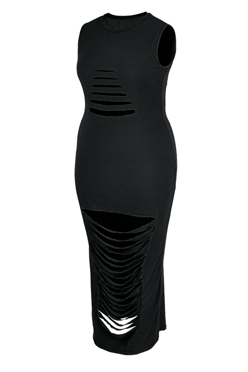 Black Sexy Solid Hollowed Out Patchwork O Neck One Step Skirt Plus Size Dresses