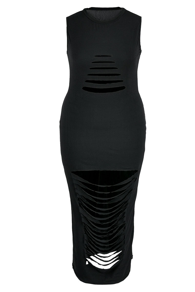 Black Sexy Solid Hollowed Out Patchwork O Neck One Step Skirt Plus Size Dresses