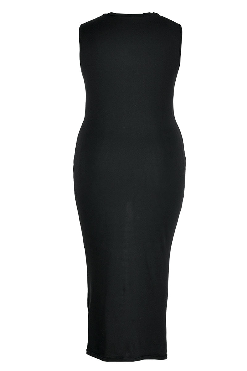 Black Sexy Solid Hollowed Out Patchwork O Neck One Step Skirt Plus Size Dresses