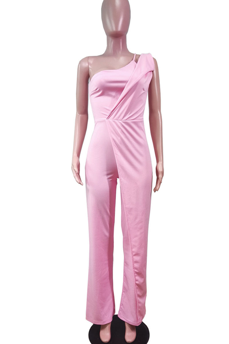 Fashion Casual Solid Patchwork Asymmetrical Collar Straight Jumpsuits