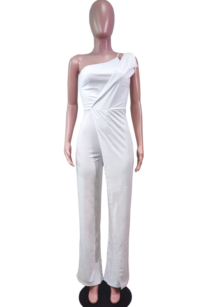 Fashion Casual Solid Patchwork Asymmetrical Collar Straight Jumpsuits