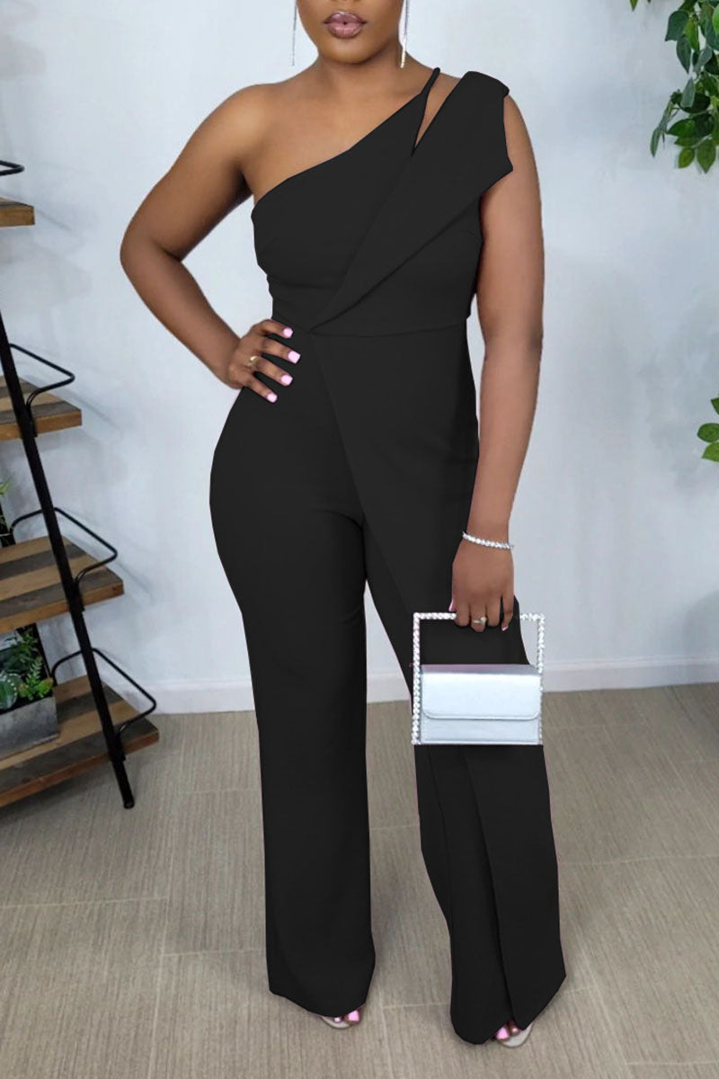 Fashion Casual Solid Patchwork Asymmetrical Collar Straight Jumpsuits