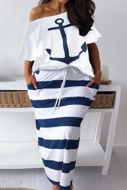 Blue Fashion Casual Print Basic Oblique Collar Plus Size Two Pieces