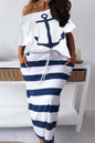 Blue Fashion Casual Print Basic Oblique Collar Plus Size Two Pieces