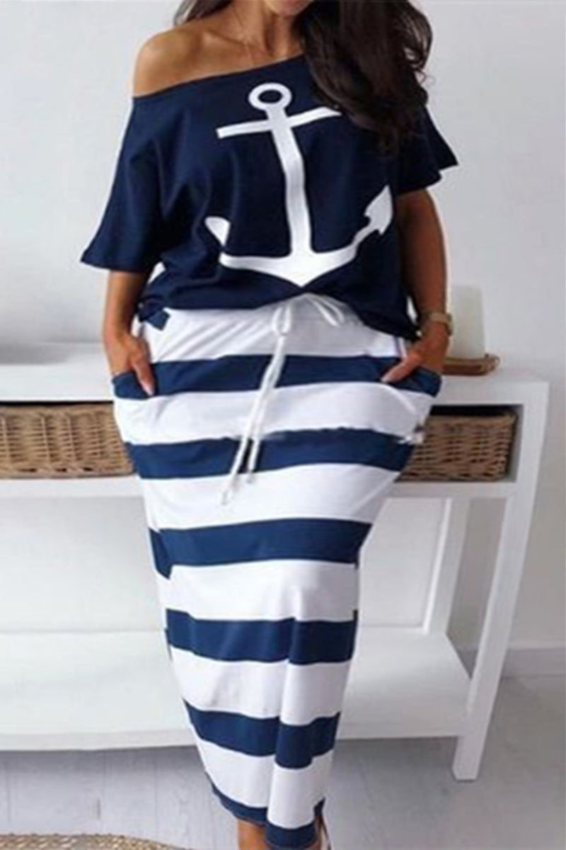 Blue Fashion Casual Print Basic Oblique Collar Plus Size Two Pieces