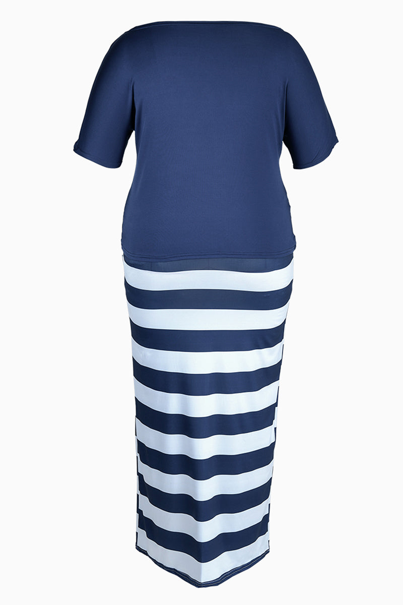 Blue Fashion Casual Print Basic Oblique Collar Plus Size Two Pieces
