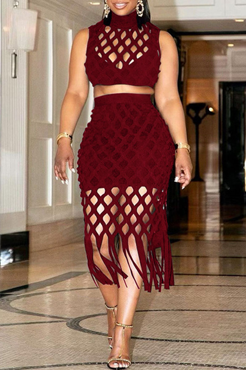 Sexy Solid Tassel Hollowed Out Patchwork O Neck Sleeveless Two Pieces
