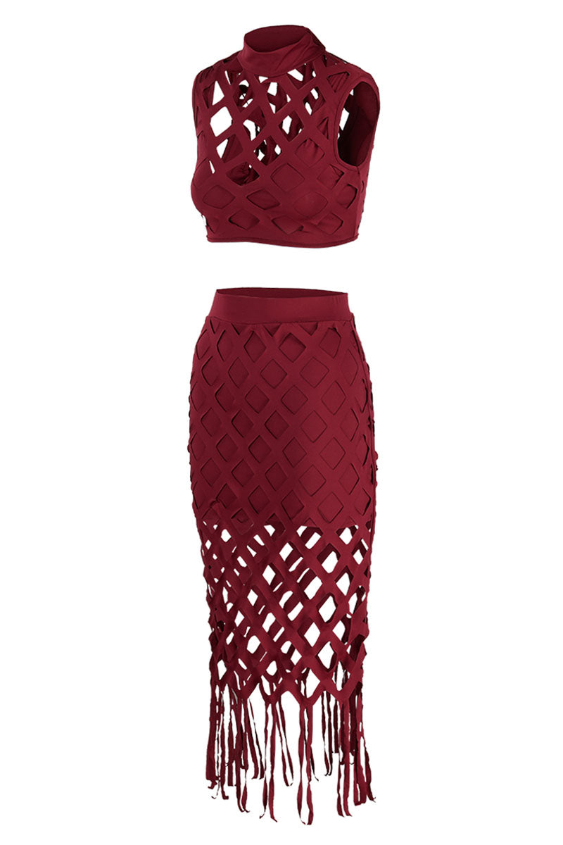 Sexy Solid Tassel Hollowed Out Patchwork O Neck Sleeveless Two Pieces
