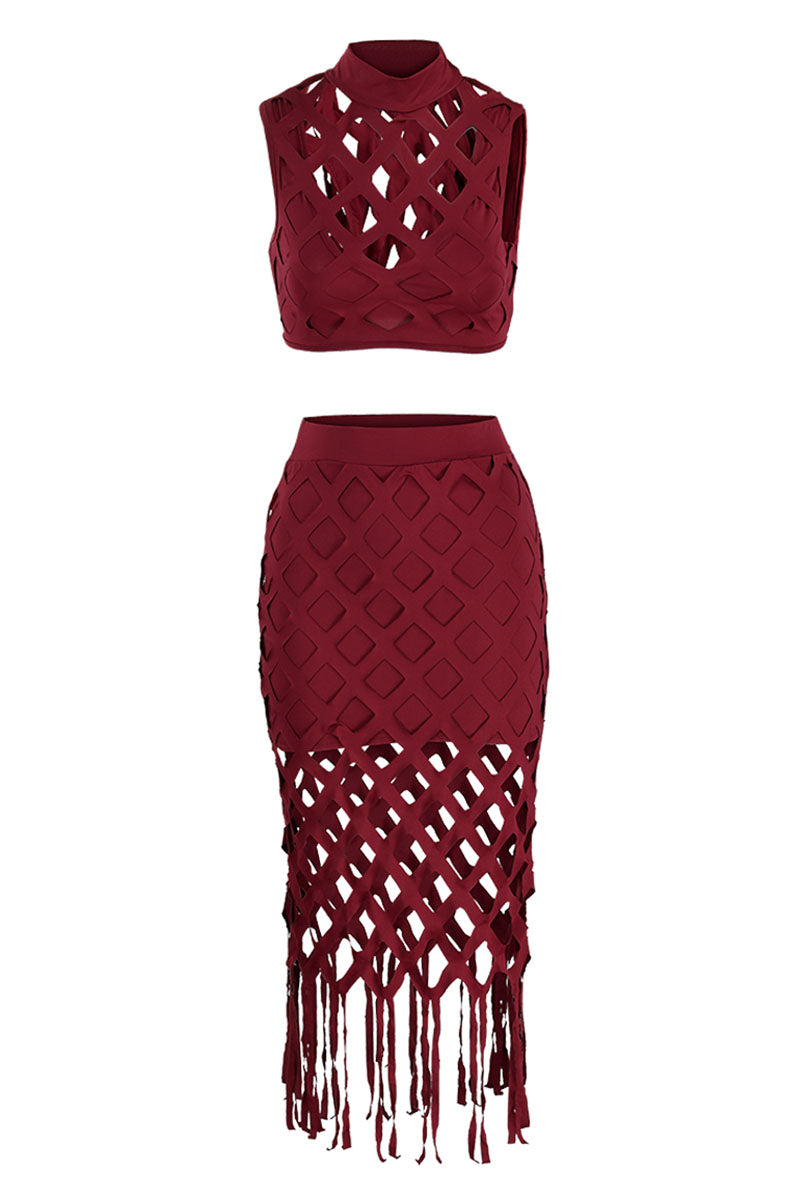 Sexy Solid Tassel Hollowed Out Patchwork O Neck Sleeveless Two Pieces