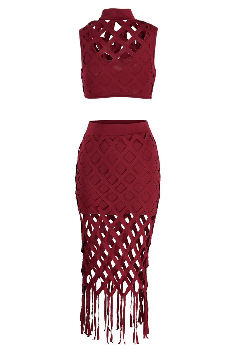 Sexy Solid Tassel Hollowed Out Patchwork O Neck Sleeveless Two Pieces