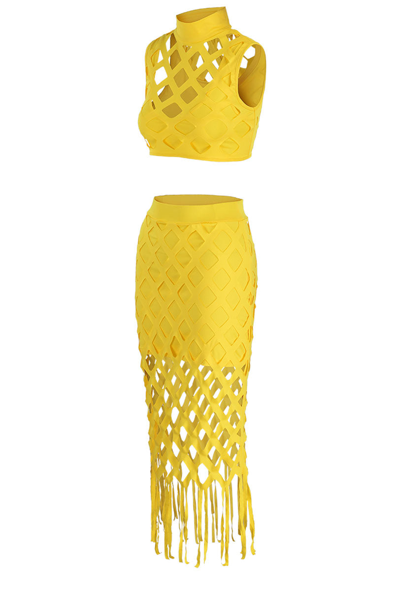 Sexy Solid Tassel Hollowed Out Patchwork O Neck Sleeveless Two Pieces