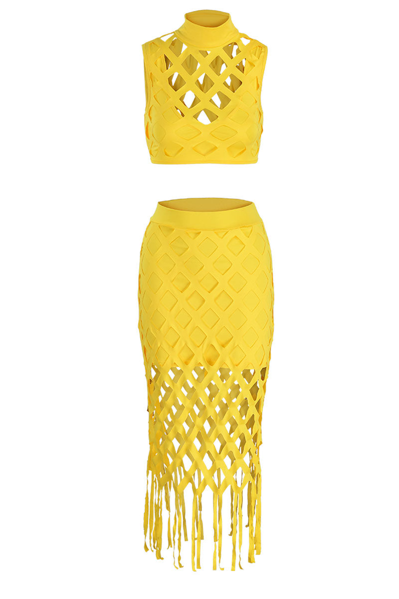 Sexy Solid Tassel Hollowed Out Patchwork O Neck Sleeveless Two Pieces
