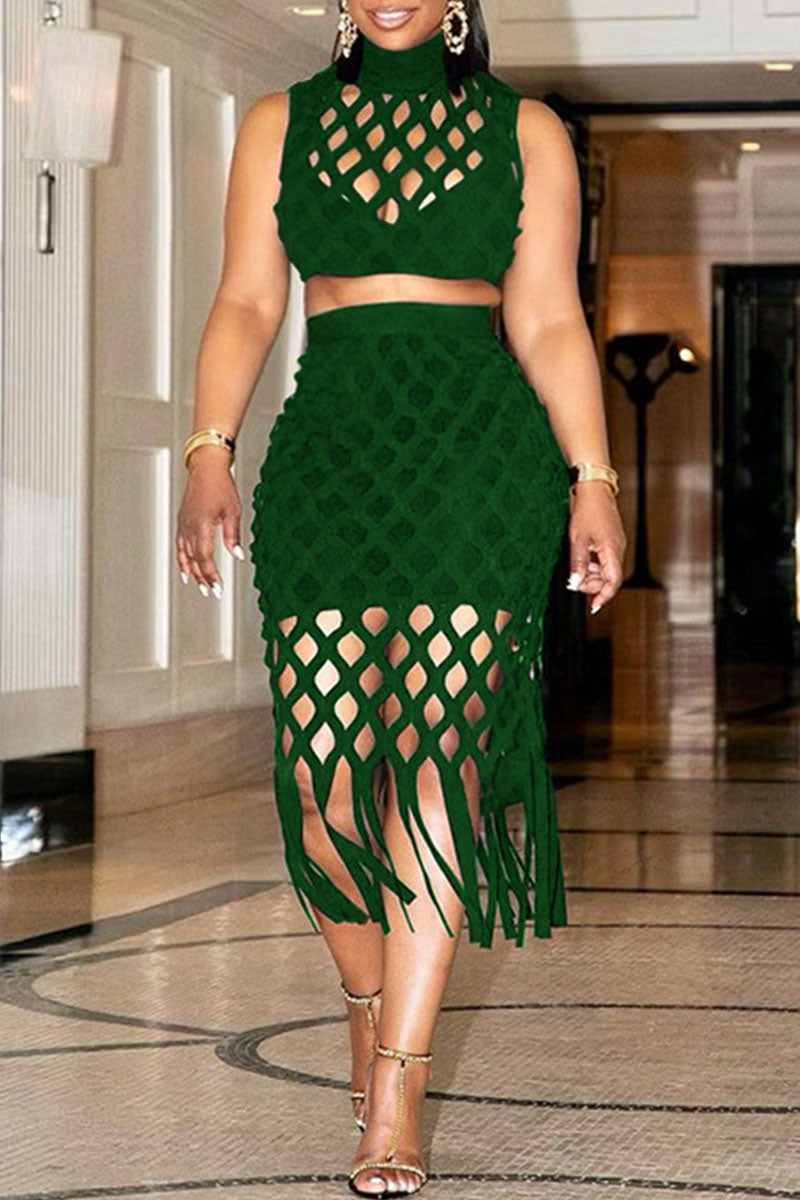 Sexy Solid Tassel Hollowed Out Patchwork O Neck Sleeveless Two Pieces
