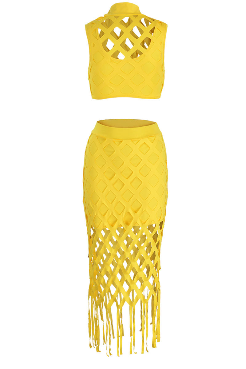 Sexy Solid Tassel Hollowed Out Patchwork O Neck Sleeveless Two Pieces