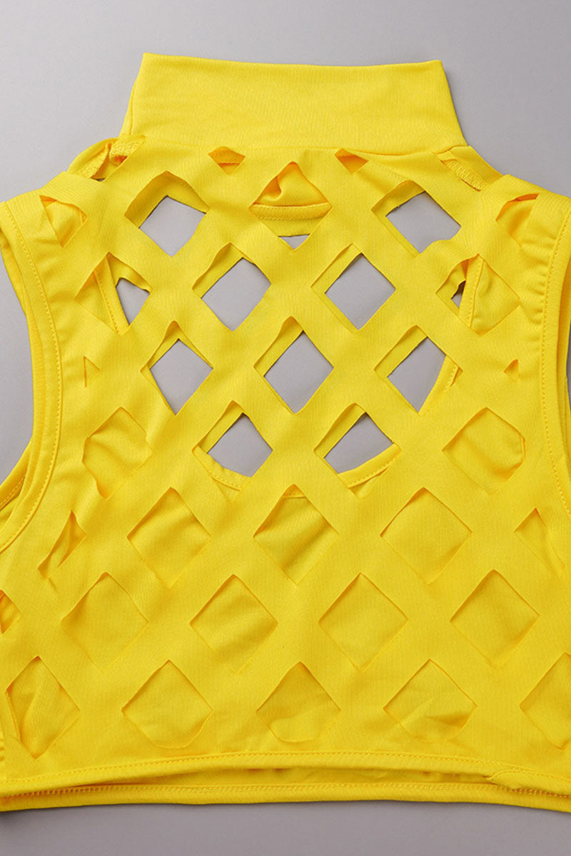 Sexy Solid Tassel Hollowed Out Patchwork O Neck Sleeveless Two Pieces