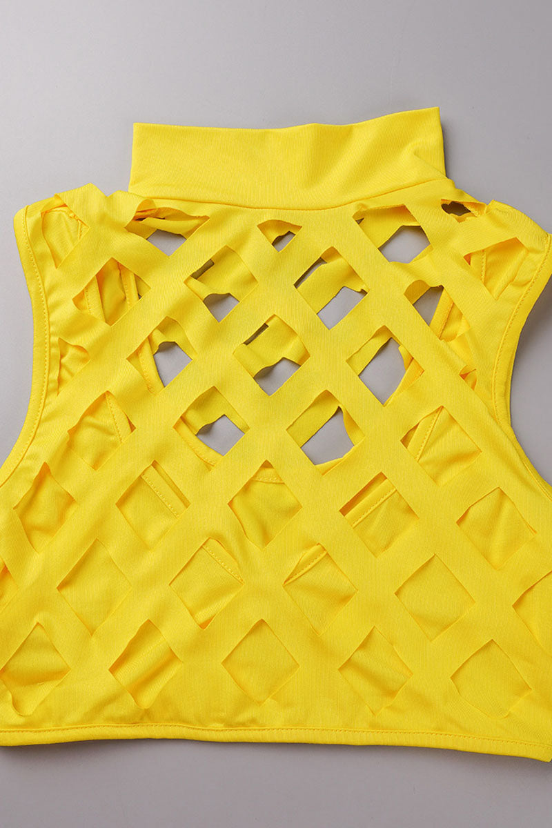 Sexy Solid Tassel Hollowed Out Patchwork O Neck Sleeveless Two Pieces