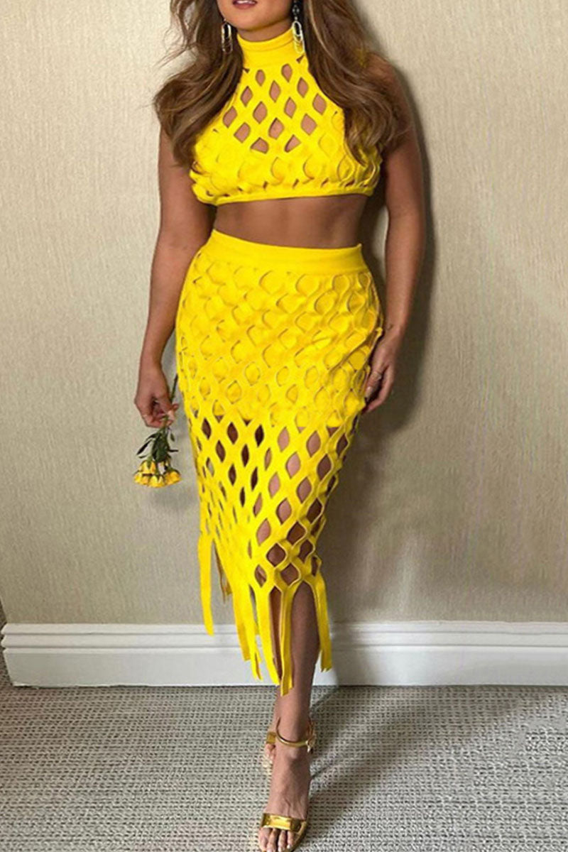 Sexy Solid Tassel Hollowed Out Patchwork O Neck Sleeveless Two Pieces