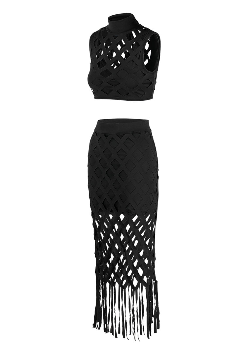 Sexy Solid Tassel Hollowed Out Patchwork O Neck Sleeveless Two Pieces