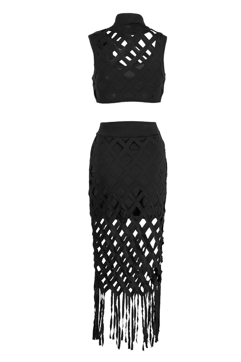 Sexy Solid Tassel Hollowed Out Patchwork O Neck Sleeveless Two Pieces
