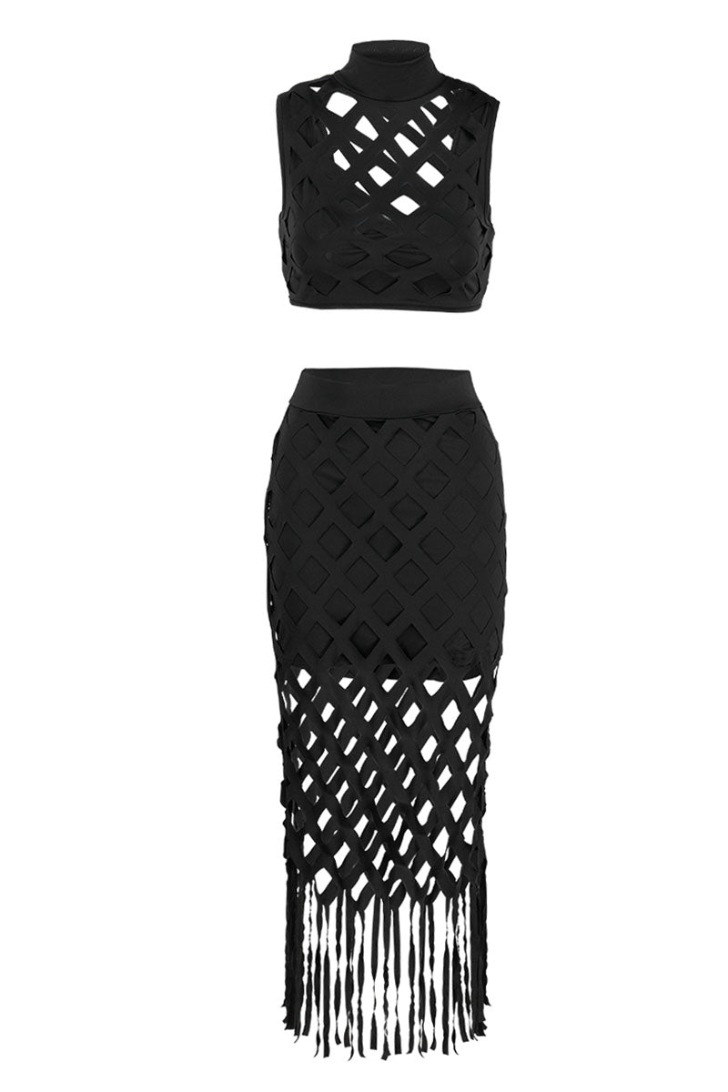 Sexy Solid Tassel Hollowed Out Patchwork O Neck Sleeveless Two Pieces
