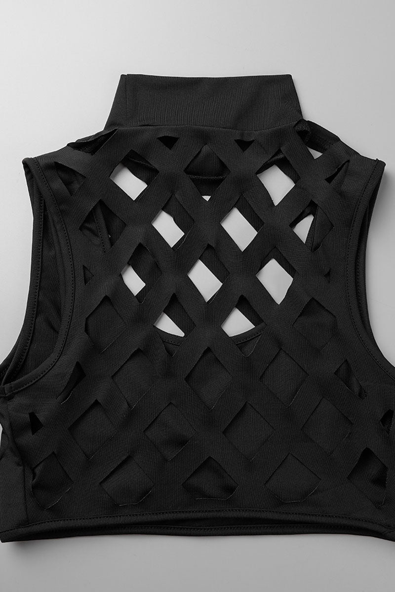 Sexy Solid Tassel Hollowed Out Patchwork O Neck Sleeveless Two Pieces