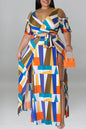 Sexy Print Bandage Patchwork V Neck Plus Size Two Pieces