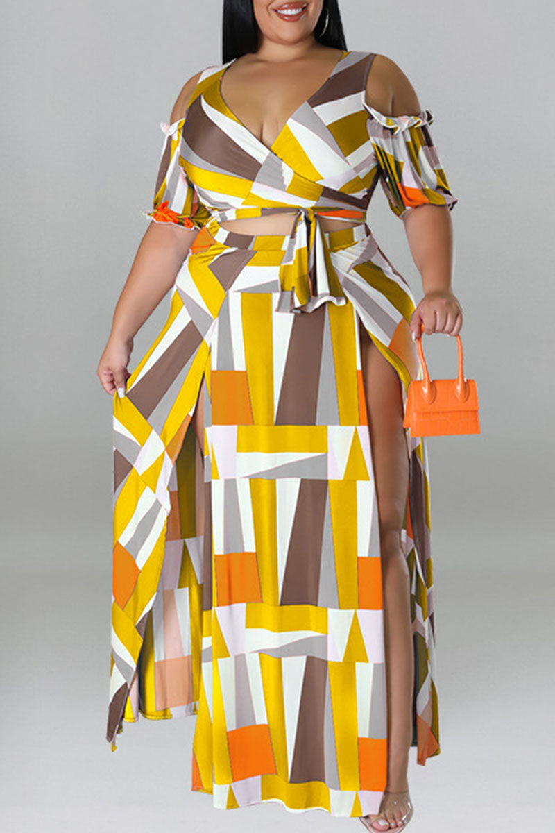 Sexy Print Bandage Patchwork V Neck Plus Size Two Pieces