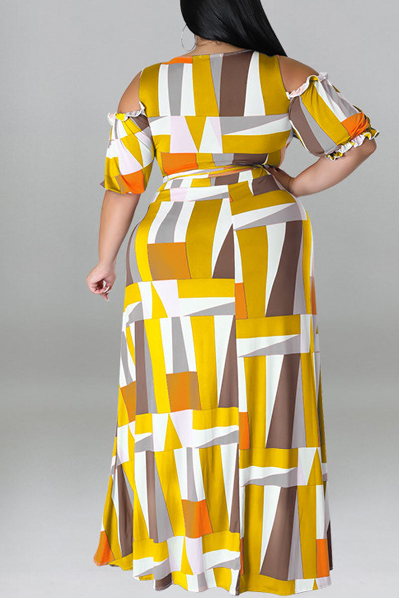 Sexy Print Bandage Patchwork V Neck Plus Size Two Pieces