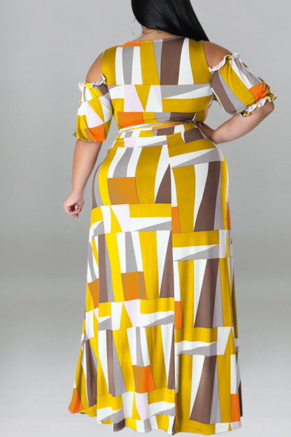 Sexy Print Bandage Patchwork V Neck Plus Size Two Pieces