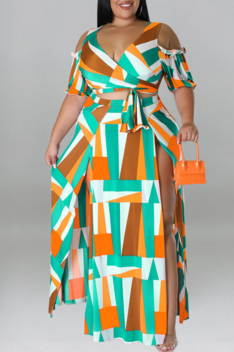 Sexy Print Bandage Patchwork V Neck Plus Size Two Pieces