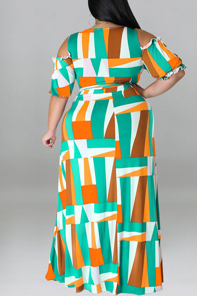 Sexy Print Bandage Patchwork V Neck Plus Size Two Pieces