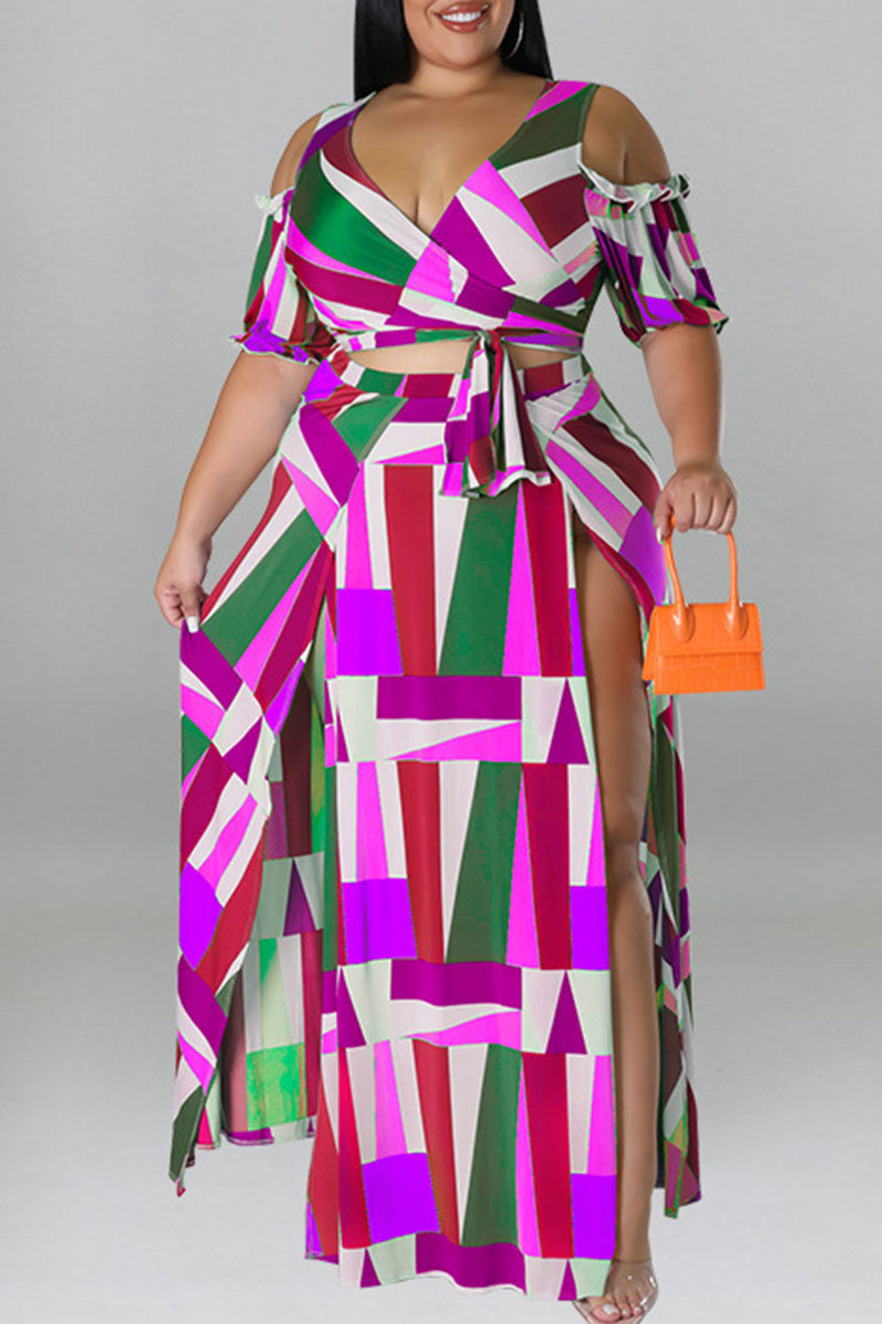 Sexy Print Bandage Patchwork V Neck Plus Size Two Pieces