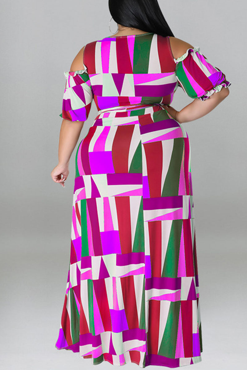 Sexy Print Bandage Patchwork V Neck Plus Size Two Pieces
