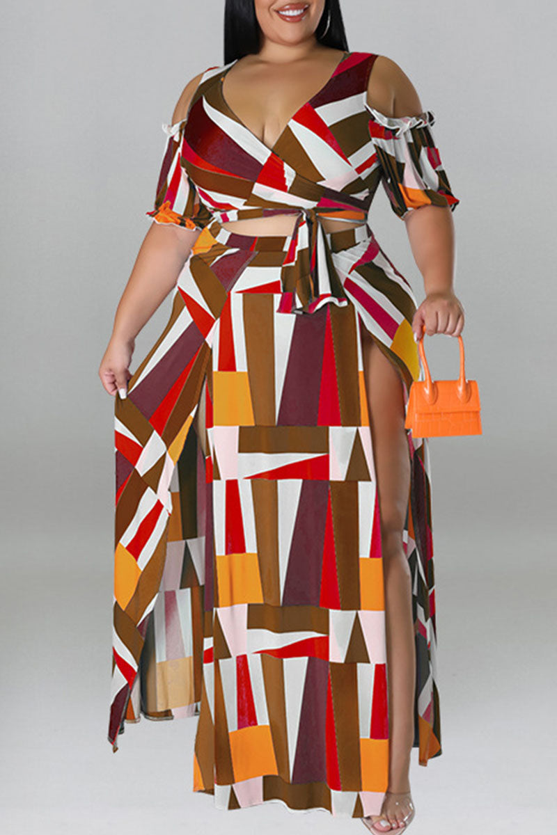 Sexy Print Bandage Patchwork V Neck Plus Size Two Pieces