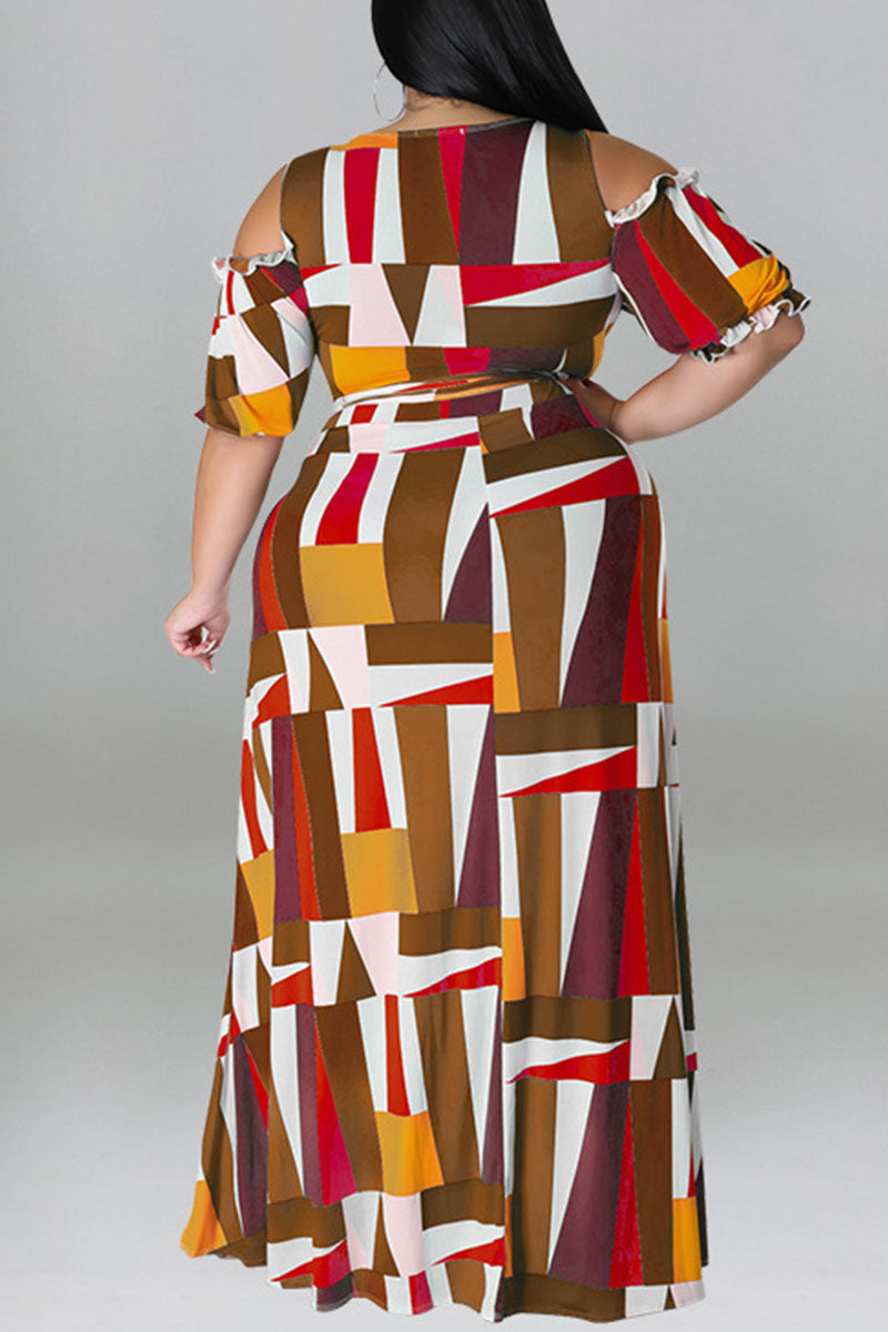 Sexy Print Bandage Patchwork V Neck Plus Size Two Pieces