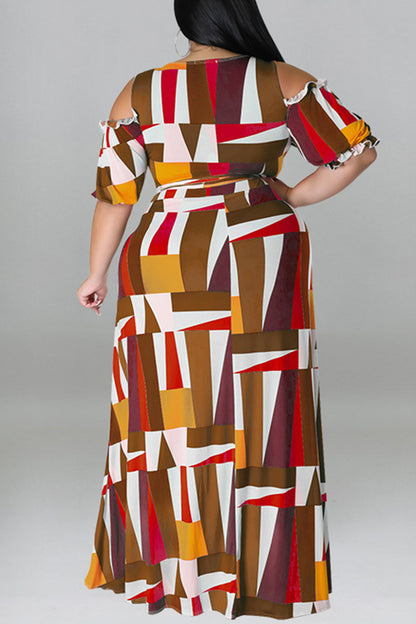 Sexy Print Bandage Patchwork V Neck Plus Size Two Pieces