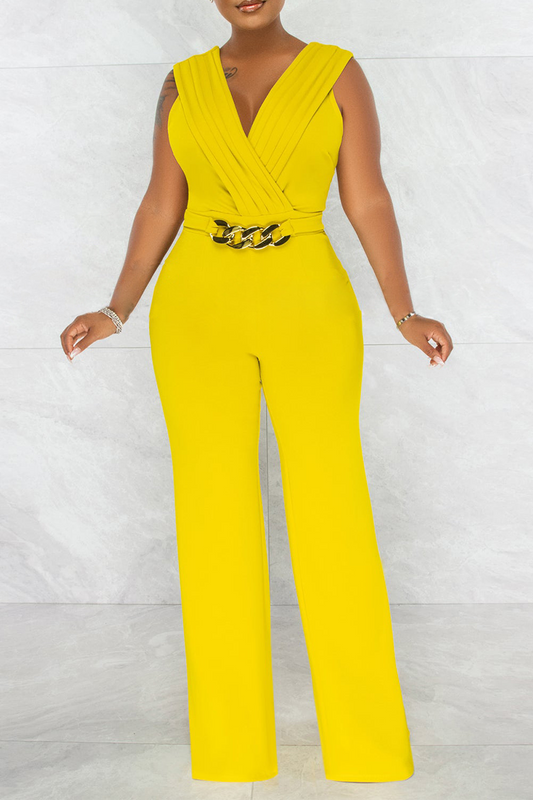 Casual Solid Patchwork V Neck Straight Jumpsuits