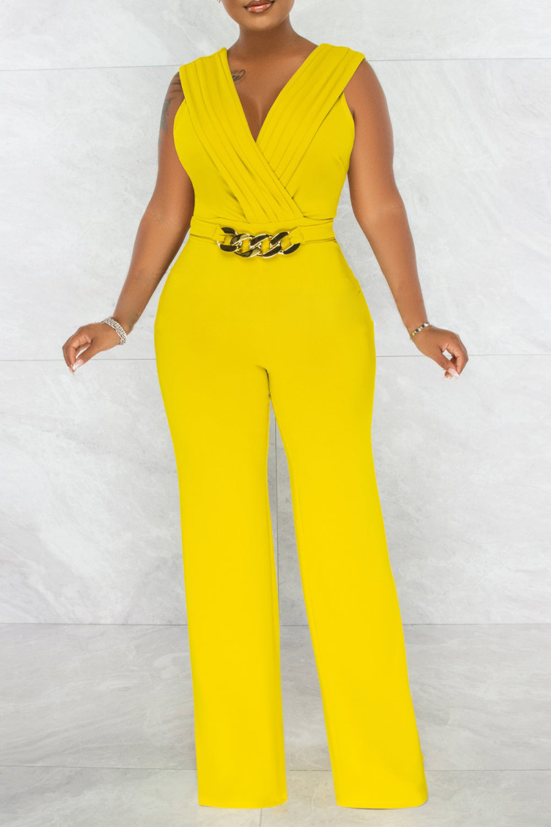 Casual Solid Patchwork V Neck Straight Jumpsuits