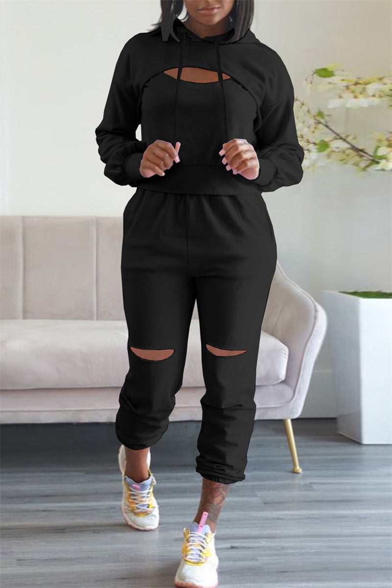 Casual Hollowed Out Hooded Collar Long Sleeve Ripped Crop Sweatshirt And Pants Sportwear Two Piece Jogger Set