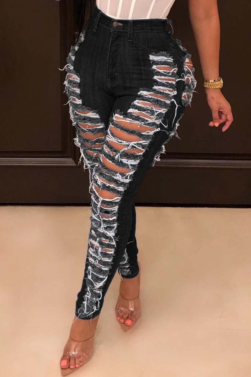 Dark Blue Casual Hight Waist Plus Size Distressed Ripped Denim Jeans