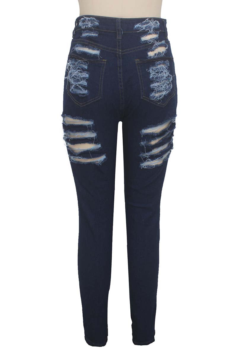 Dark Blue Casual Hight Waist Plus Size Distressed Ripped Denim Jeans