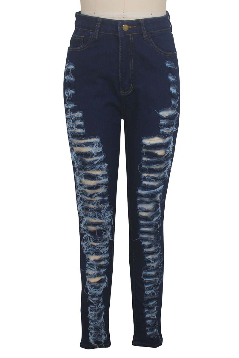 Dark Blue Casual Hight Waist Plus Size Distressed Ripped Denim Jeans