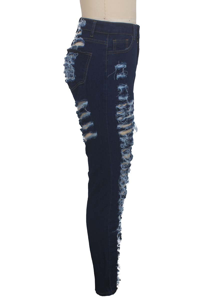Dark Blue Casual Hight Waist Plus Size Distressed Ripped Denim Jeans