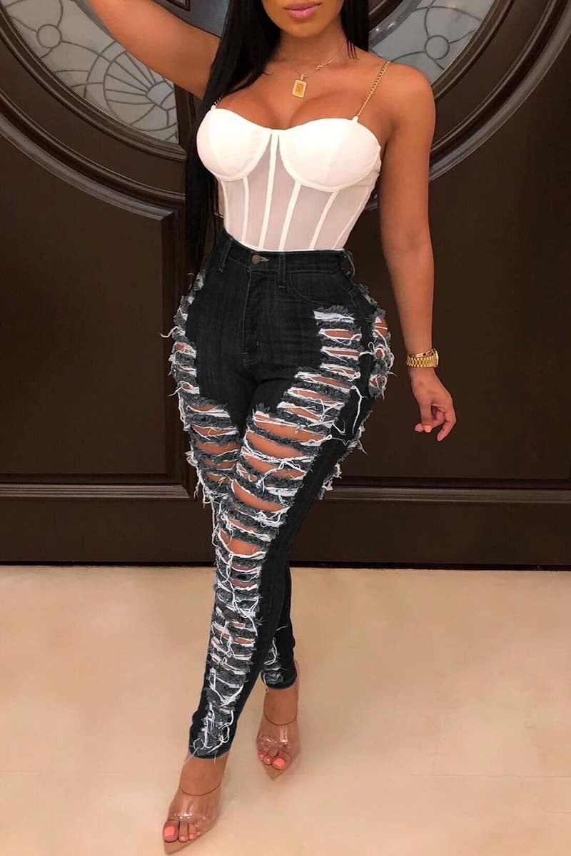 Dark Blue Casual Hight Waist Plus Size Distressed Ripped Denim Jeans