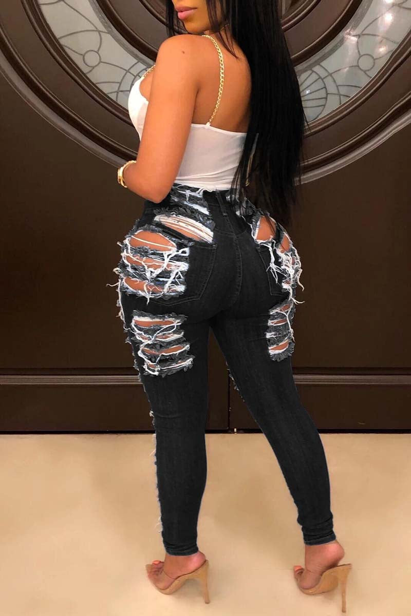 Dark Blue Casual Hight Waist Plus Size Distressed Ripped Denim Jeans