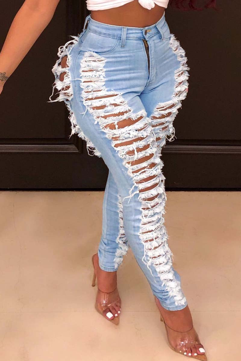 Dark Blue Casual Hight Waist Plus Size Distressed Ripped Denim Jeans